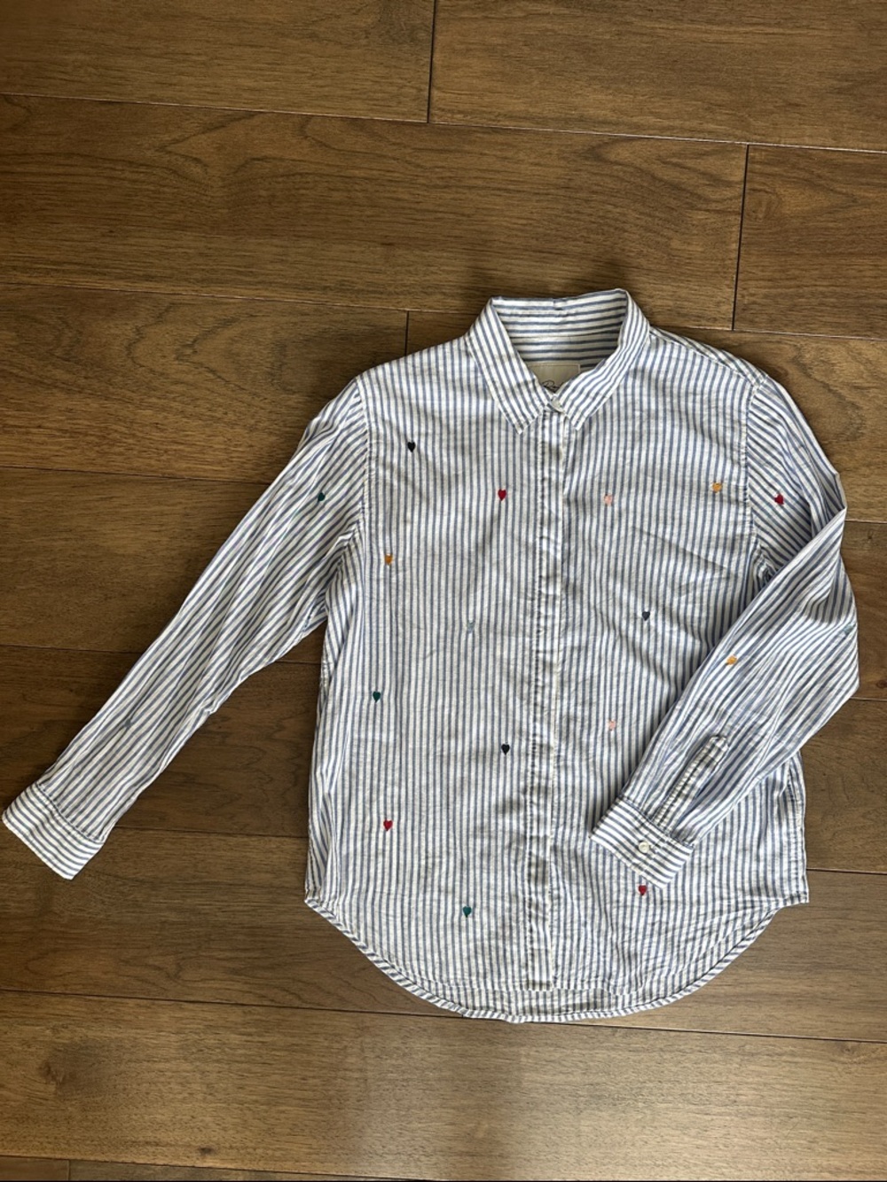Rails Taylor Shirt in Rainbow Hearts, Blue and White Striped Button-Down Shirt